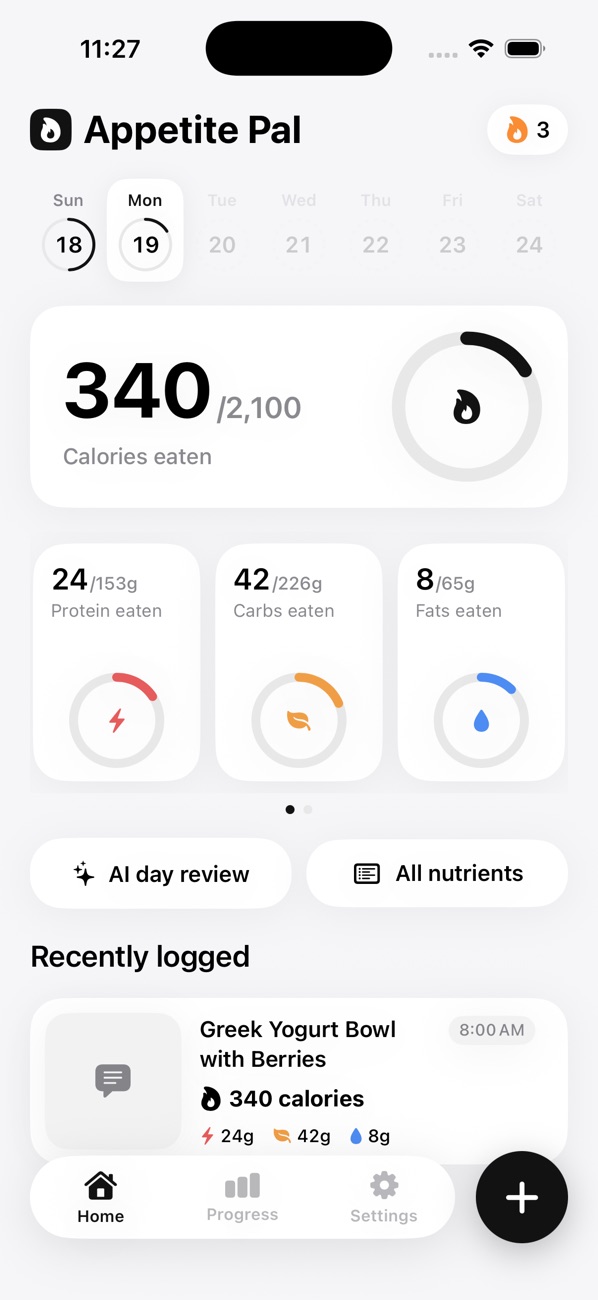 Appetite Pal home screen showing calories and protein for the day